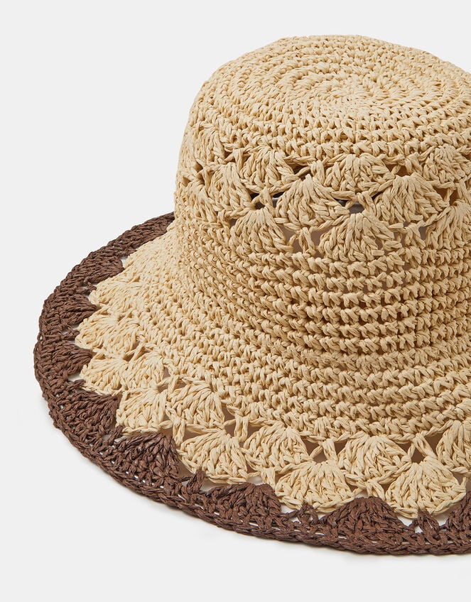 Two Tone Crochet Straw Bucket Hat, , large