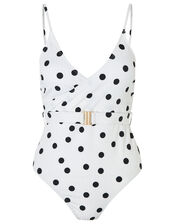 Polka-Dot Swimsuit with Waist Belt, Black (BLACK WHITE), large