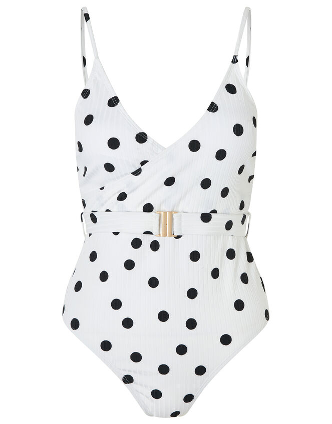 Polka-Dot Swimsuit with Waist Belt, Black (BLACK WHITE), large