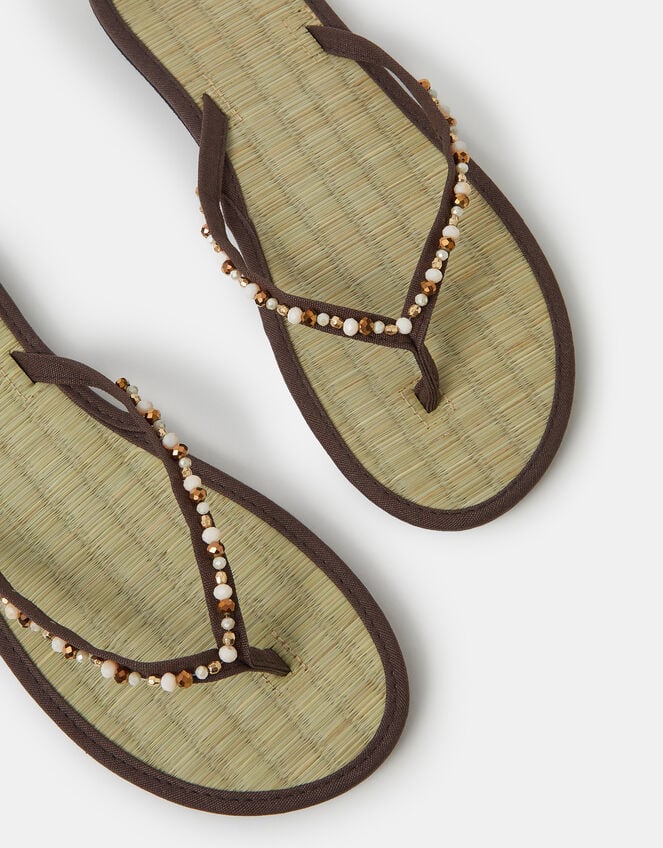 Bead Embellished Seagrass Flip Flops, Brown (CHOCOLATE), large