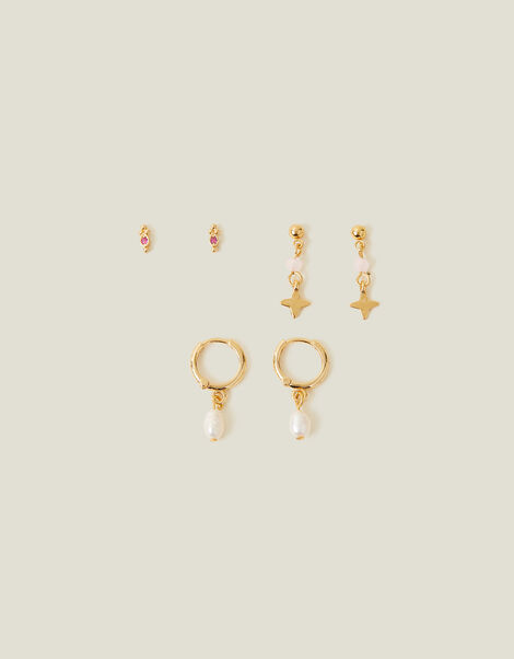 3-Pack 14ct Gold-Plated Pearl Earrings, , large