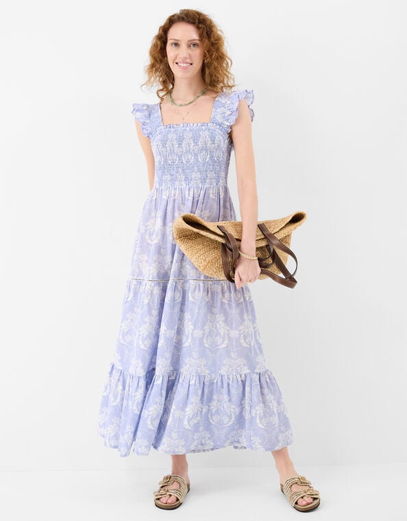 Feather Print Frill Midi Dress, Blue (BLUE), large