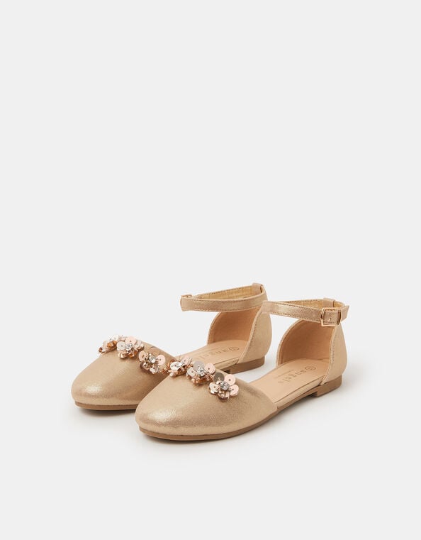 Girls Sequin Flower Closed Toe Flats, Gold (GOLD), large