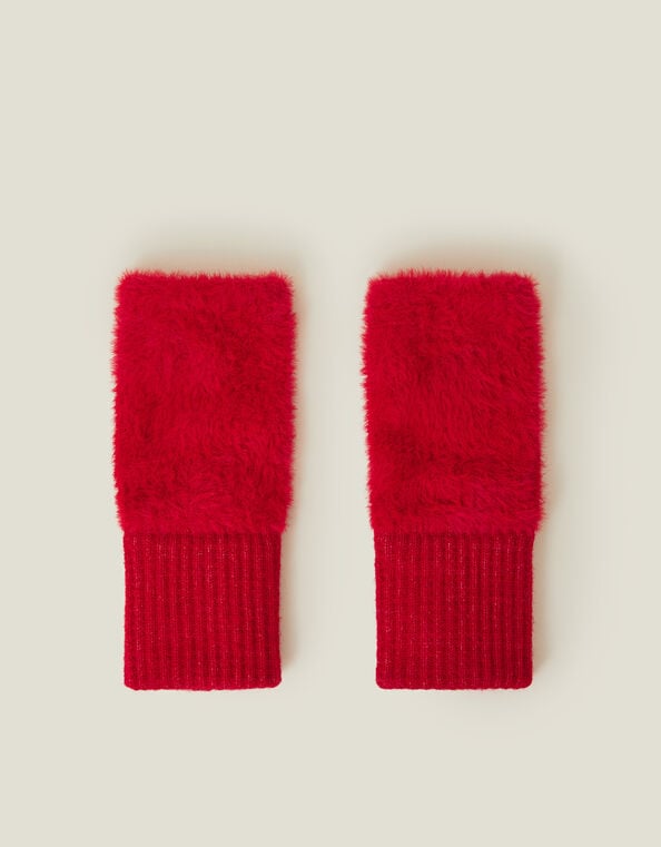 Fluffy Knit Cut Off Gloves, Red (RED), large