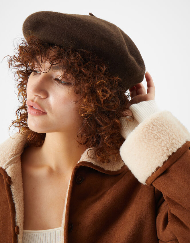 Plain Wool Beret, Brown (CHOCOLATE), large