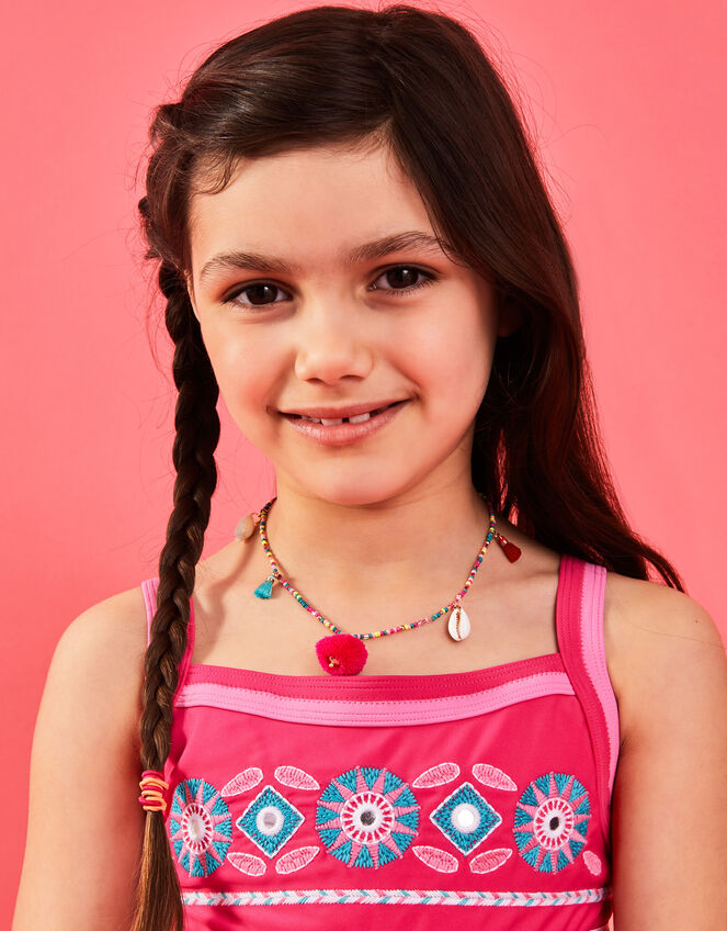 Girls Pom-Pom Shell Necklace, , large