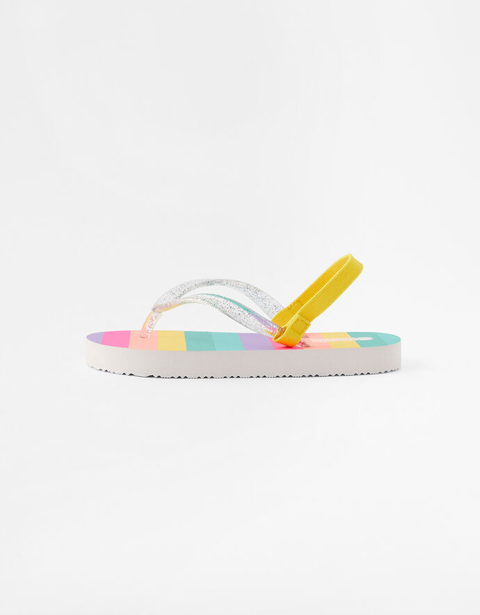 white rainbow flip flops