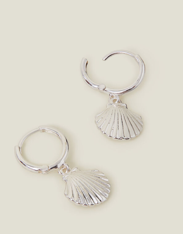 Sterling Silver-Plated Shell Hoops, , large