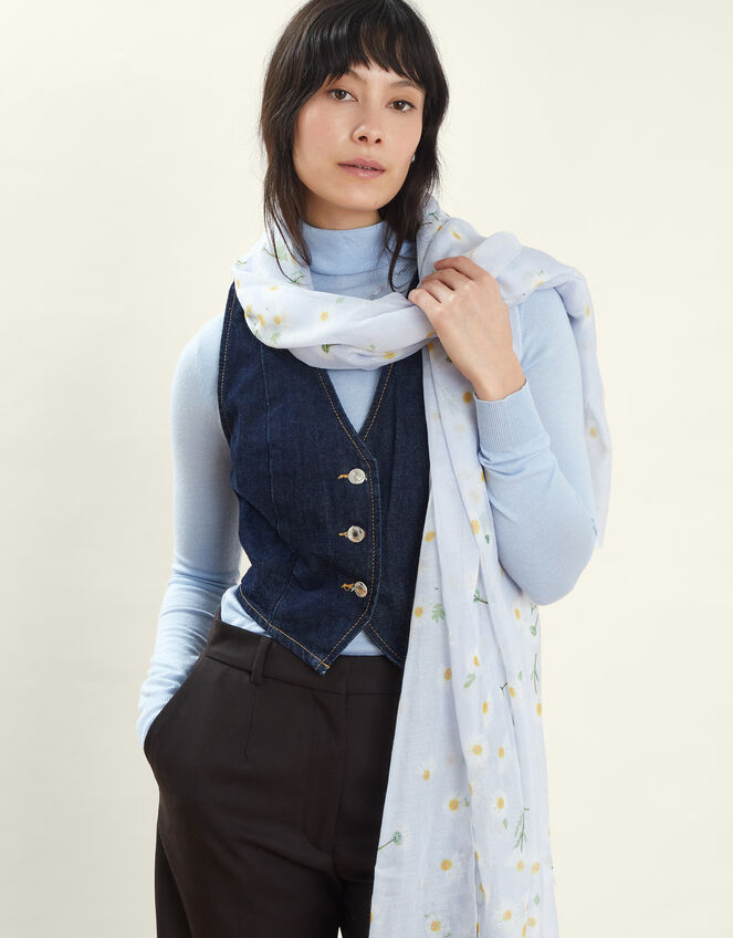 Lightweight Daisy Print Scarf, Blue (LIGHT BLUE), large