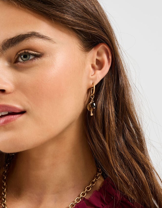 Beaded Key Charm Hoop Earrings, , large