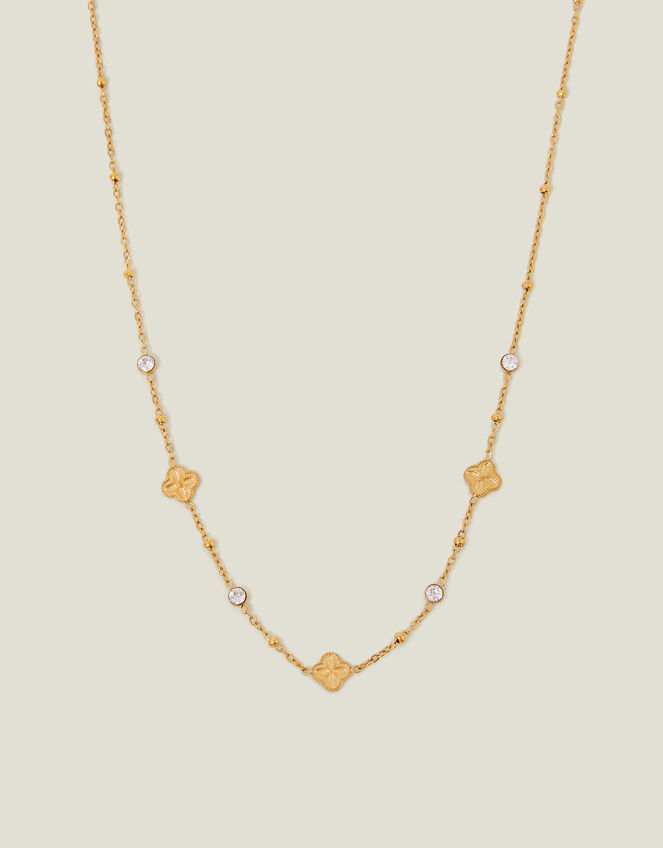14ct Gold-Plated Stainless Steel Diamante Clover Station Necklace, , large