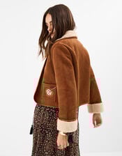 Floral Embroidered Faux Suede Jacket, Tan (TAN), large