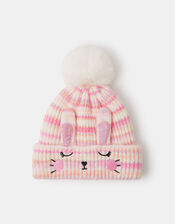 Girls Bunny Stripe Bobble Hat, Multi (PASTEL MULTI), large