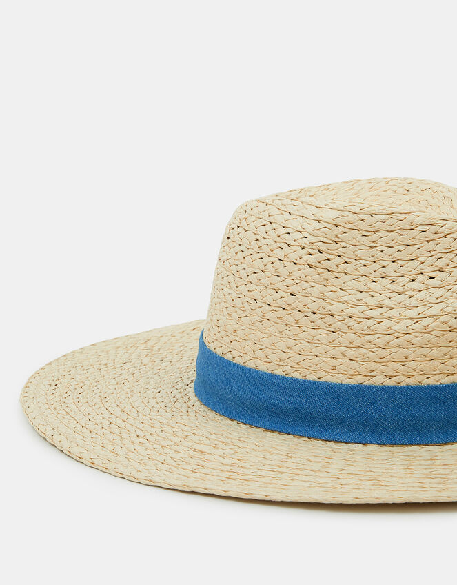 Denim Trim Straw Fedora Hat, , large