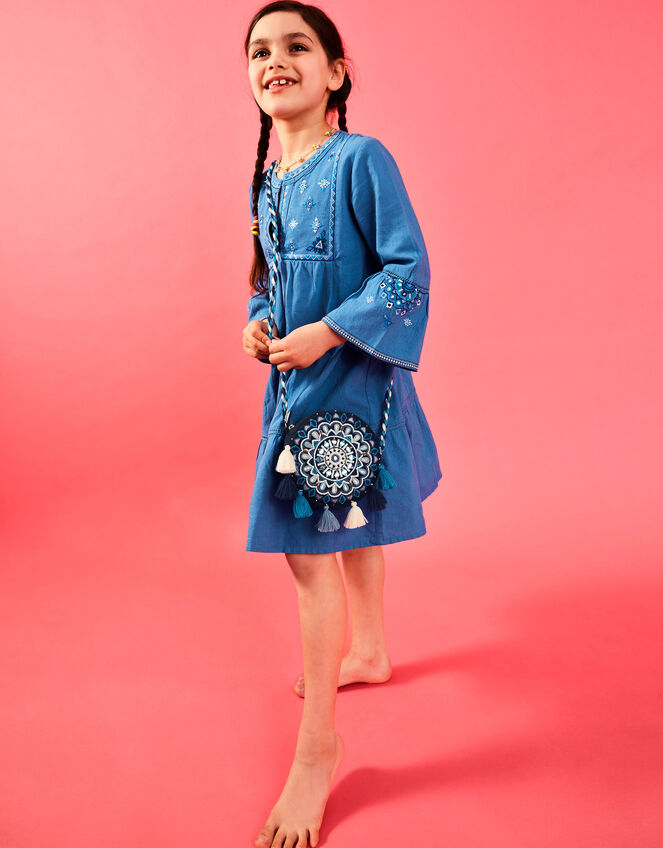 Girls Mirror Embellished Flute Sleeve Dress, Blue (BLUE), large