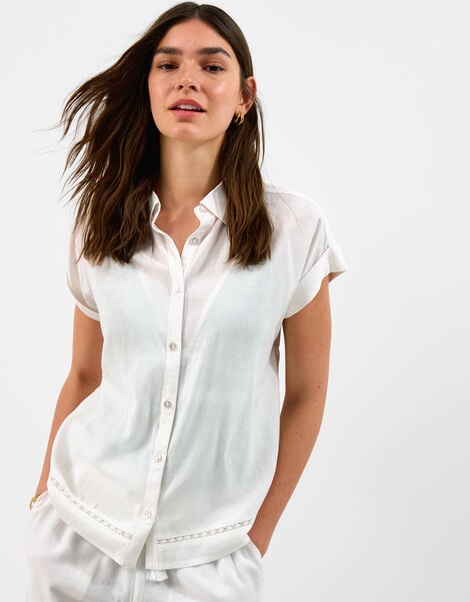 Lace Trim Linen Blend Shirt , White (WHITE), large
