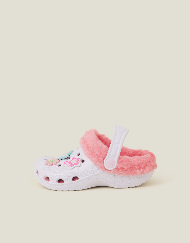 Girls Faux Fur Lined Glitter Rubber Clogs, White (WHITE), large