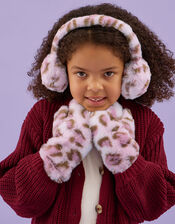 Girls Fluffy Leopard Print Mittens, Leopard (LEOPARD), large