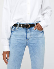 Round Buckle Leather Belt, Black (BLACK), large