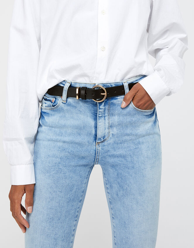 Round Buckle Leather Belt, Black (BLACK), large