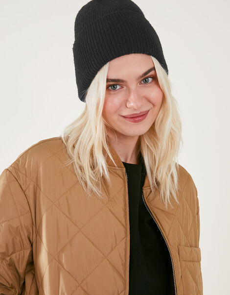 Wide Turn-Up Beanie in Wool Blend Black, Black (BLACK), large