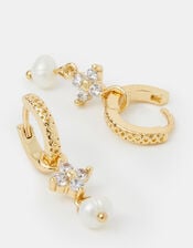 14ct Gold-Plated Flower Pearl Drop Hoop Earrings, , large