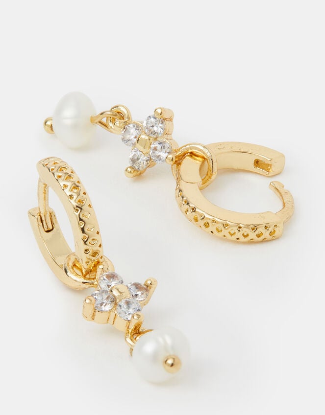 14ct Gold-Plated Flower Pearl Drop Hoop Earrings, , large