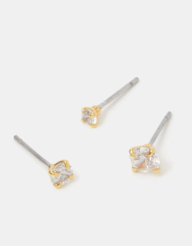 3-Pack 14ct Gold-Plated Crystal Stud Earrings, , large