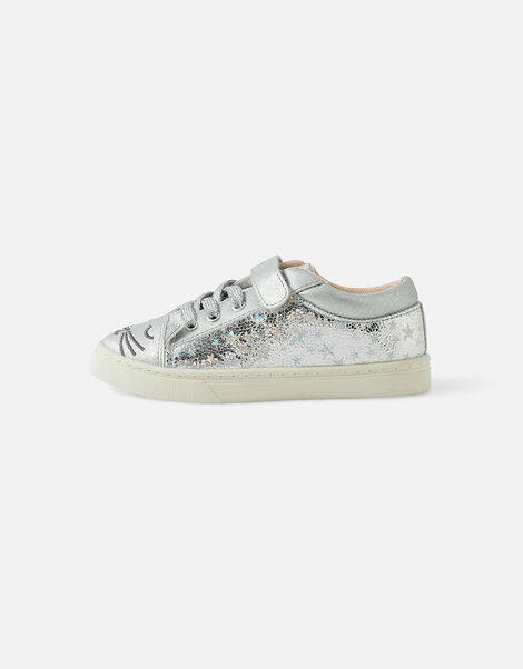 Girls Cute Cat Trainers Silver, Silver (SILVER), large