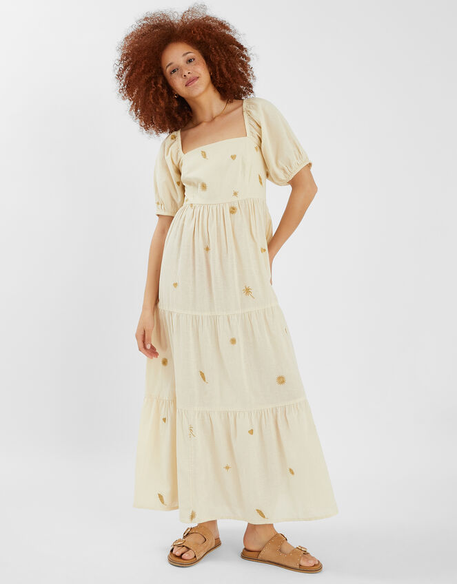 Embroidered Puff Sleeve Maxi Dress, Natural (NATURAL), large