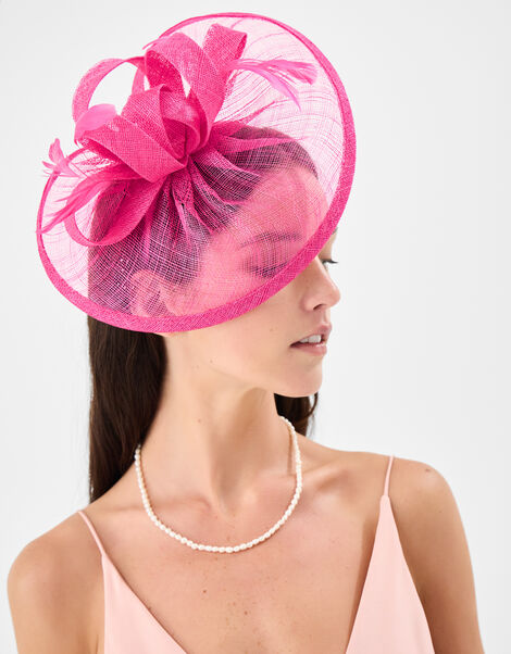Bow Feather Disc Fascinator, Pink (FUCHSIA), large