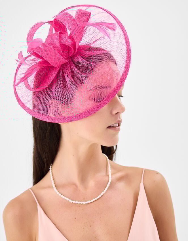Bow Feather Disc Fascinator, Pink (FUCHSIA), large