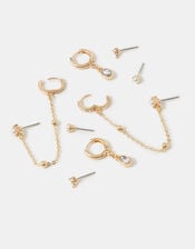 4-Pack Stone Stud & Chain Hoop Earrings, Gold (GOLD), large