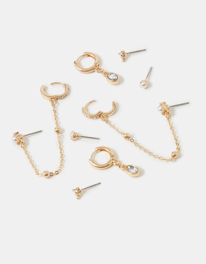 4-Pack Stone Stud & Chain Hoop Earrings, Gold (GOLD), large