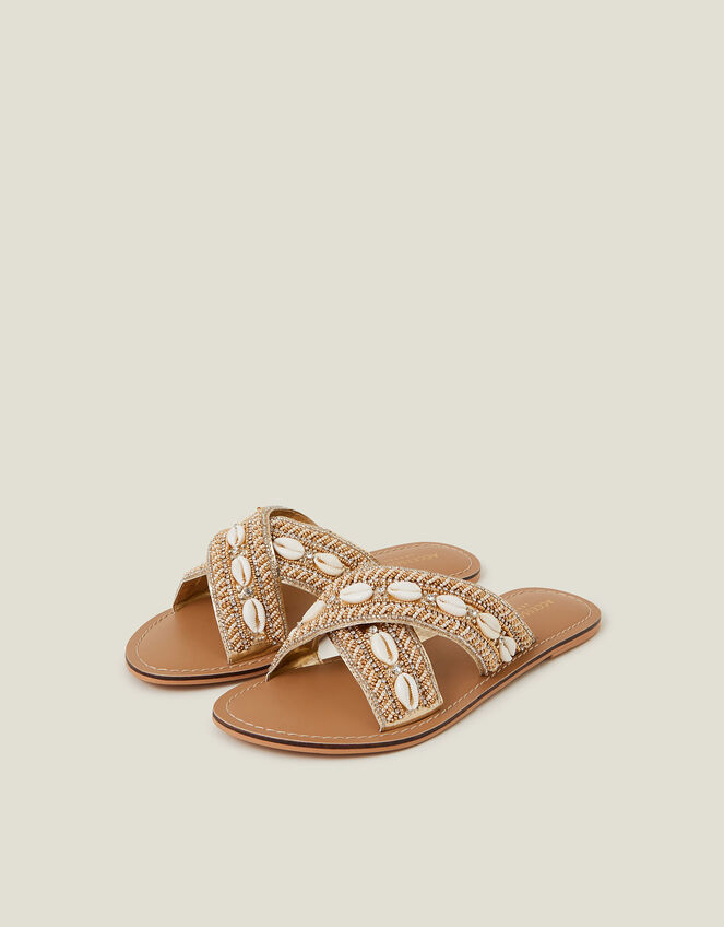 Shell Cross-Strap Sandals, Gold (GOLD), large