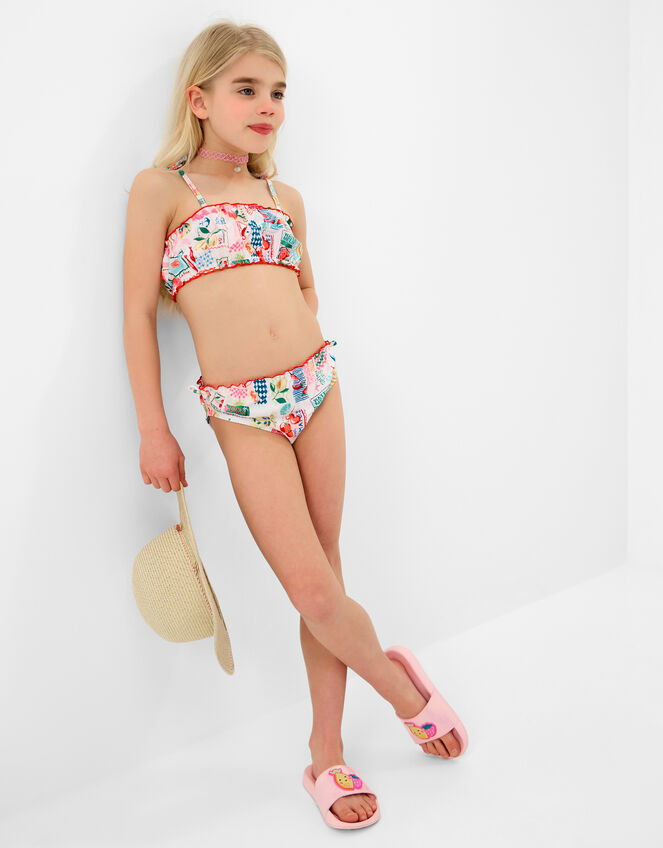 Girls Postcard Print Bikini Set, Multi (PASTEL MULTI), large