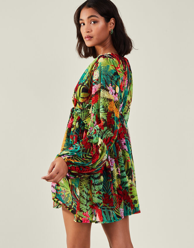 Jungle Print Long Sleeve Mini Beach Dress, Green (GREEN), large