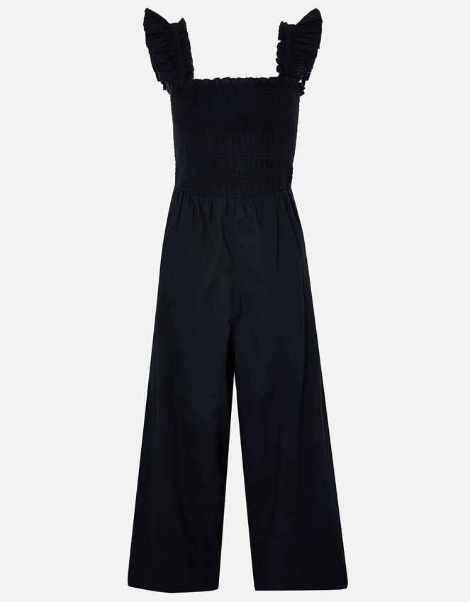 Ruffle Strap Smocked Jumpsuit, Black (BLACK), large