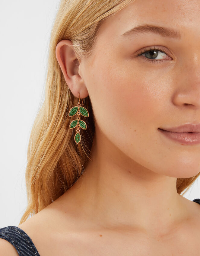 Beaded Leaf Drop Earrings Green, , large