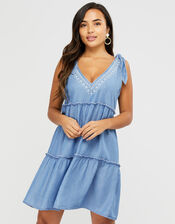 Tiered Chambray Mini Dress in TENCEL® Lyocell, Blue (BLUE), large