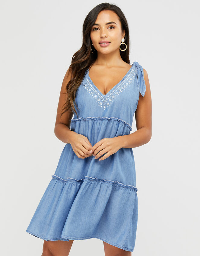 Tiered Chambray Mini Dress in TENCEL® Lyocell, Blue (BLUE), large