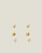 3-Pack 14ct Gold-Plated Pearl Flower Stud Earrings, , large