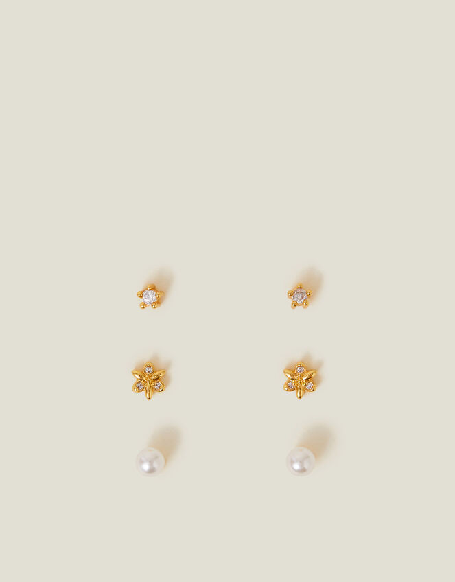 3-Pack 14ct Gold-Plated Pearl Flower Stud Earrings, , large