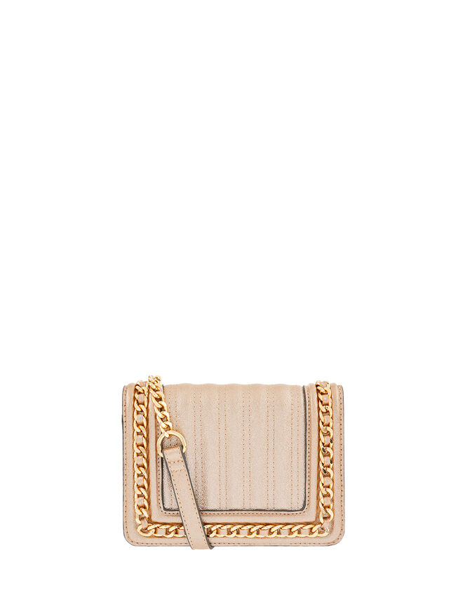 Tweed and Chain Shoulder Bag with Built-In Mirror, Metalic (METALLICS), large