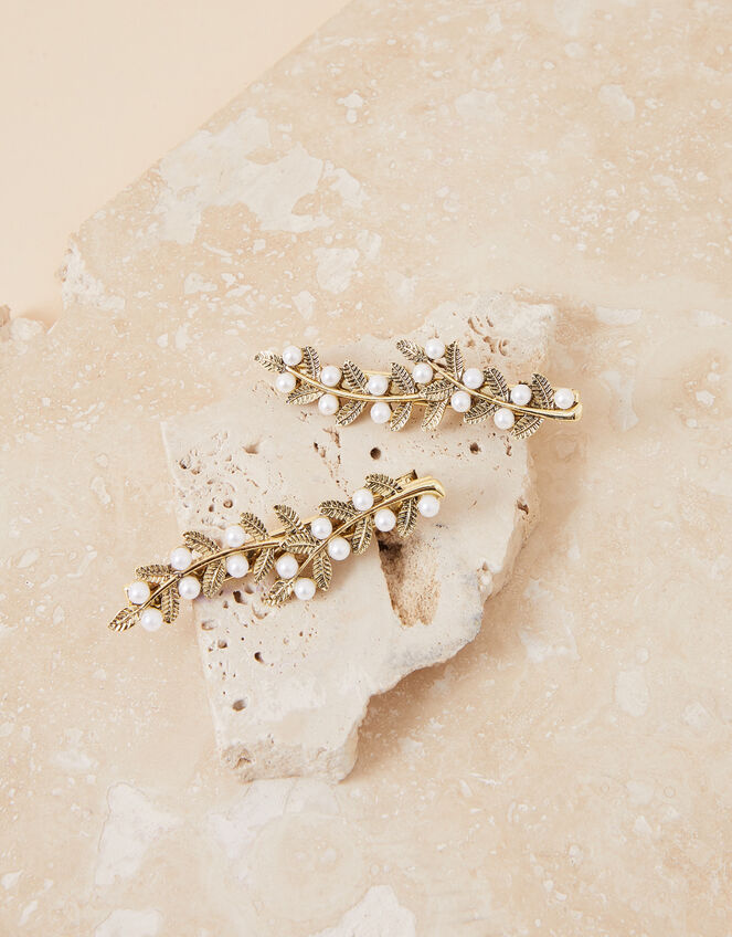 Pearl Leaf Hair Clips Set of Two, , large