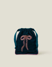 Embellished Bow Velvet Drawstring Bag, , large