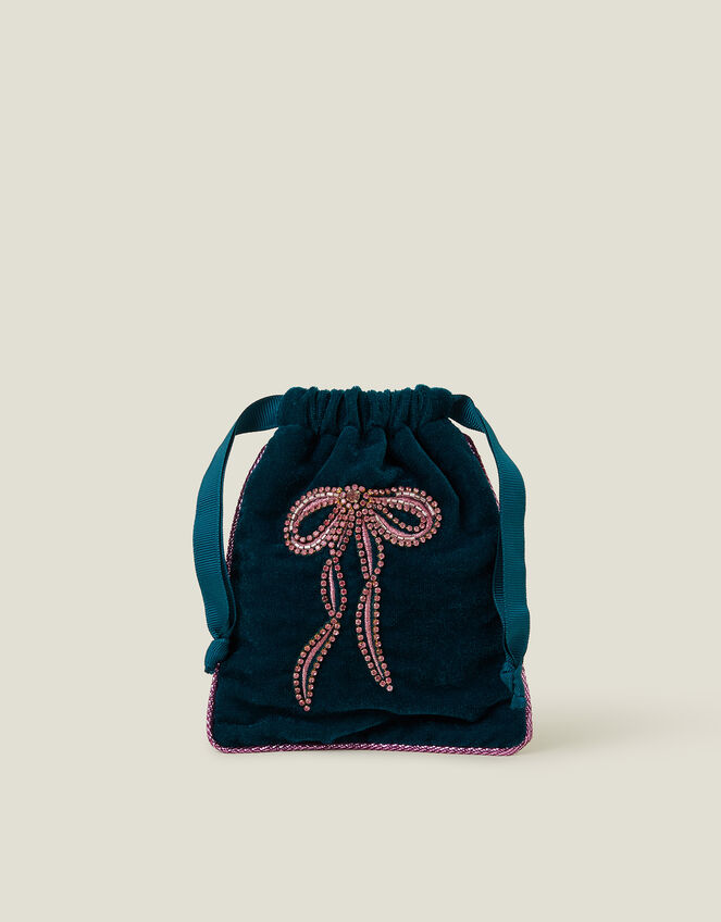 Embellished Bow Velvet Drawstring Bag, , large