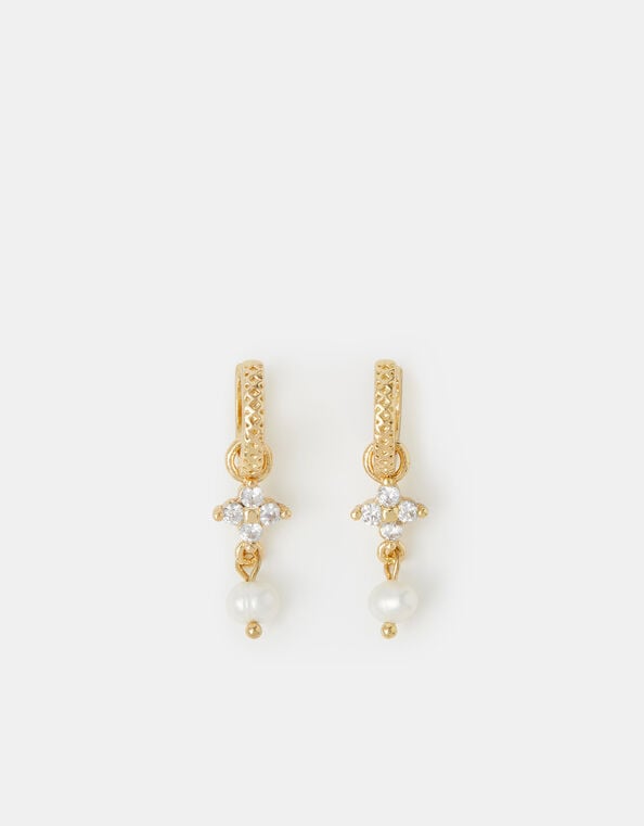 14ct Gold-Plated Flower Pearl Drop Hoop Earrings, , large