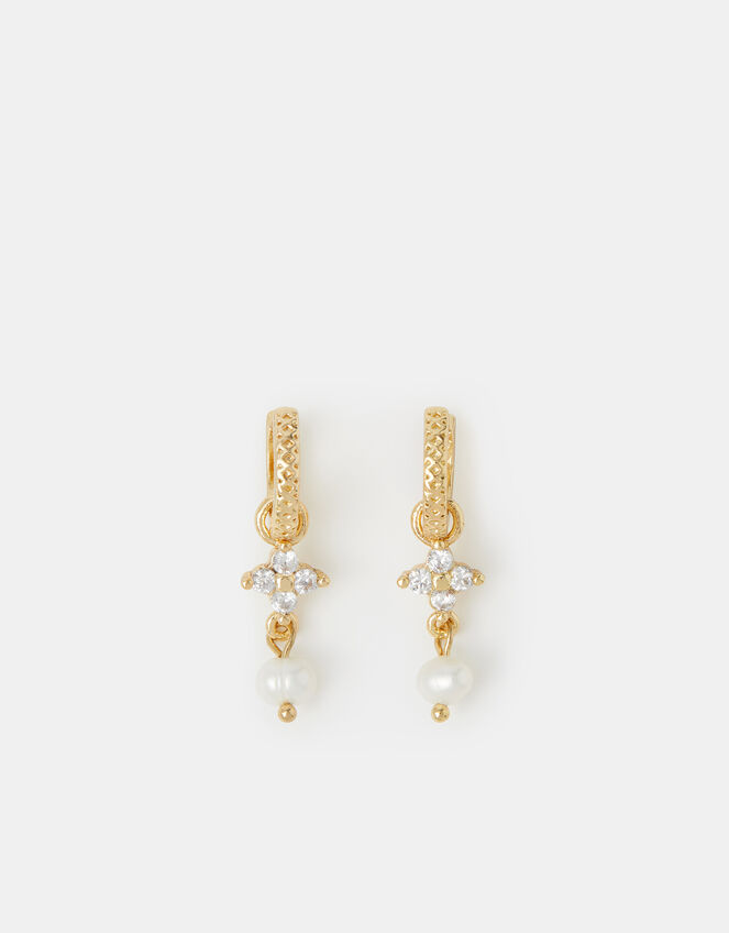 14ct Gold-Plated Flower Pearl Drop Hoop Earrings, , large