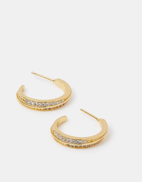14ct Gold-Plated Diamanté Crescent Hoop Earrings, , large